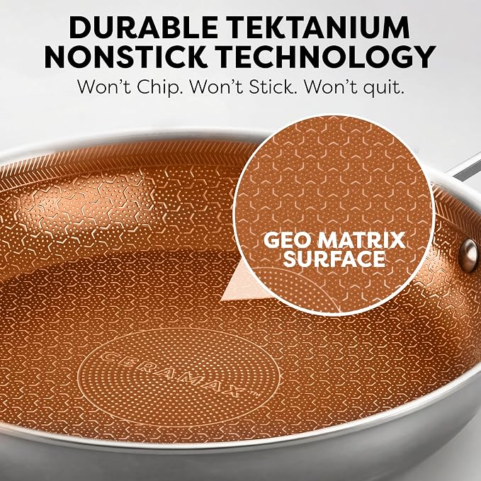 CERAMAX Gotham Steel Hybrid 3pc Stainless Steel Non Stick Frying Pans Set, 8 10 12 inch Ceramic Frying Pan Skillet Set, Induction Ready, Made without PFAS & PFOA, Oven and Dishwasher Safe - Copper
