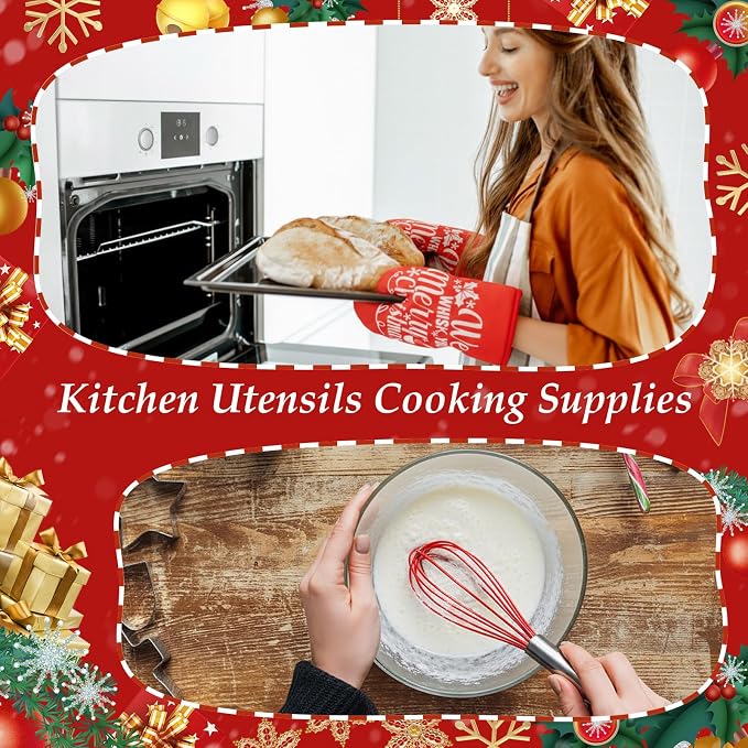 LemonRoad 12 Sets Christmas Whisk Baking Gift Set Xmas Silicone Whisks Oven Mitt Pot Holder Greeting Cards Ribbon Bags for Holiday Kitchen Utensils Cooking Supplies Neighbor Gift(Exquisite,Red)