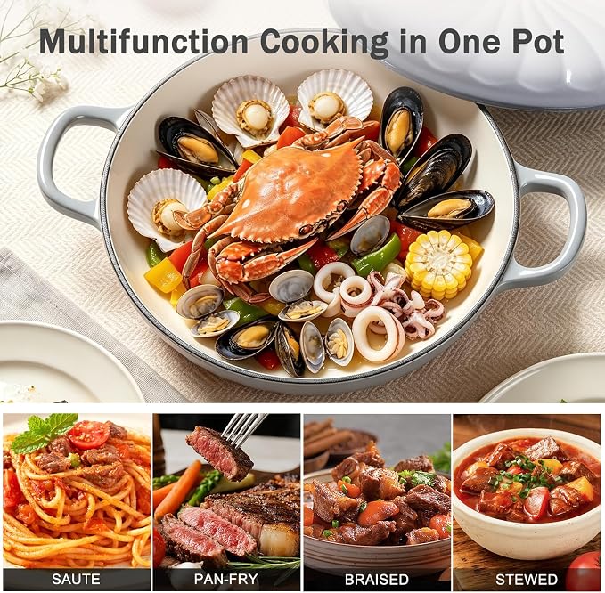 Enameled Cast Iron Dutch Oven, 3.8 Quart Dutch Oven Pot with Lid, Shallow Cast Iron Braiser with Handles, Oven Safe up to 500°F (Gray)