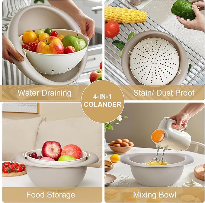 VECELO 2 In 1 Colander Strainer with Bowl Set, Fruit Vegetable Washing Colanders & Food Strainers, Heat-Resisted, Double Layer Colander for Kitchen for Pasta, Berry, Salads, Grey