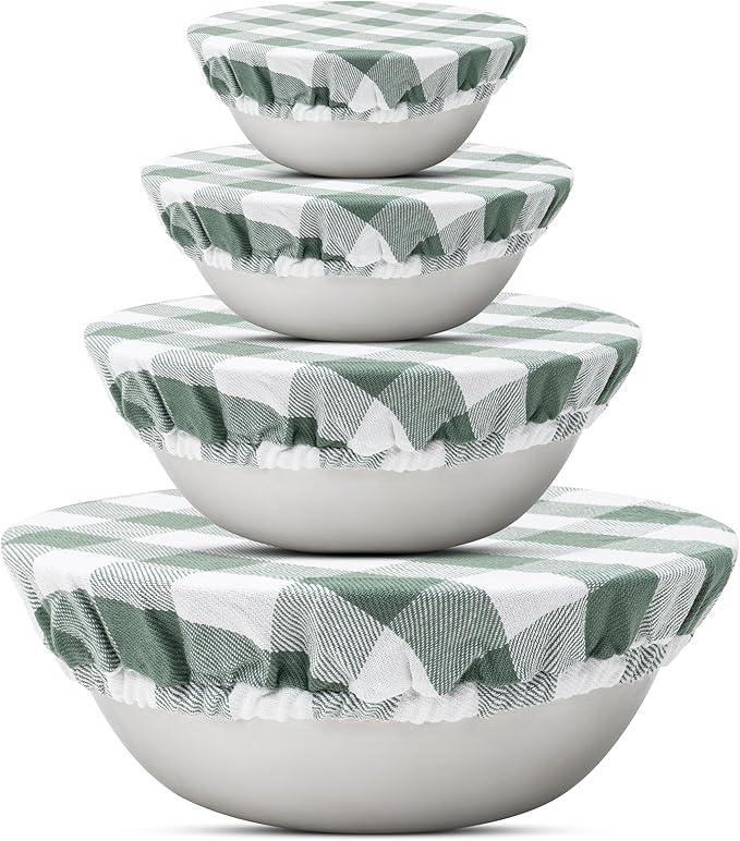 Reusable Cotton Bowl Covers - 100% Organic Cotton Fabric, Sage Green Cloth Bowl Cover Set with Elastic to Cover Fruits, Vegetables and Baking Bowls - Perfect for Salads and Bread Bowls (Sage Green)