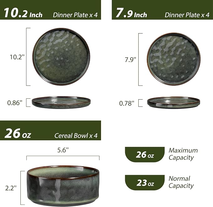 LIANYU 18 Piece Dinnerware Sets for 6, Stoneware Plates and Bowls Dish Set, Ceramic Dinner Ware Dishware for Kitchen Dining, Microwave & Dishwasher Safe,Moss Green