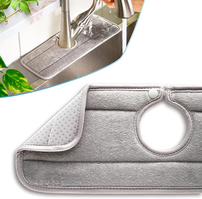 Ternal Original SINKMAT 15in Faucet Splash Guard Extra Long Microfiber Sink Drip Catcher Mat Non Slip Countertop Protector Drying Pad Kitchen Bathroom RV Machine Washable [Grey]