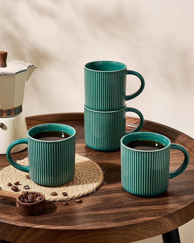 famiware Coffee Mug Set for 6, Star 12 oz Catering Mugs Cup Set with Handle for Coffee, Tea, Cocoa, Milk- Ceramic Stoneware Drinkware Set, Sage Green