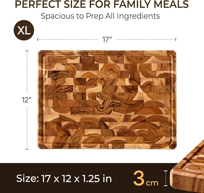 Teak Wood Cutting Boards for Kitchen,Large Butcher Block End Grain Wooden Checkered Cutting Board with Juice Groove Handle Hardwood Chopping Charcuterie Board Non Toxic Best Kitchen Essential Gift 17"