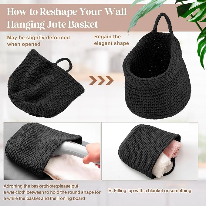 Honeydak Boho Decor Hanging Wall Baskets for Kitchen 3 Pack Teardrop Baskets with Hooks Storage Fruit Onion Vegetable Potato for Home 3 Sizes(Black,Barrel,Cotton Rope)