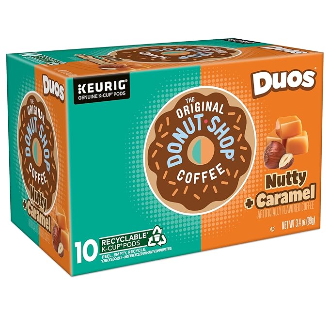 The Original Donut Shop Duos Nutty + Caramel Coffee, Keurig Single Serve K-Cup Pods, Light Roast Coffee, 60 Count, (6 Packs of 10)