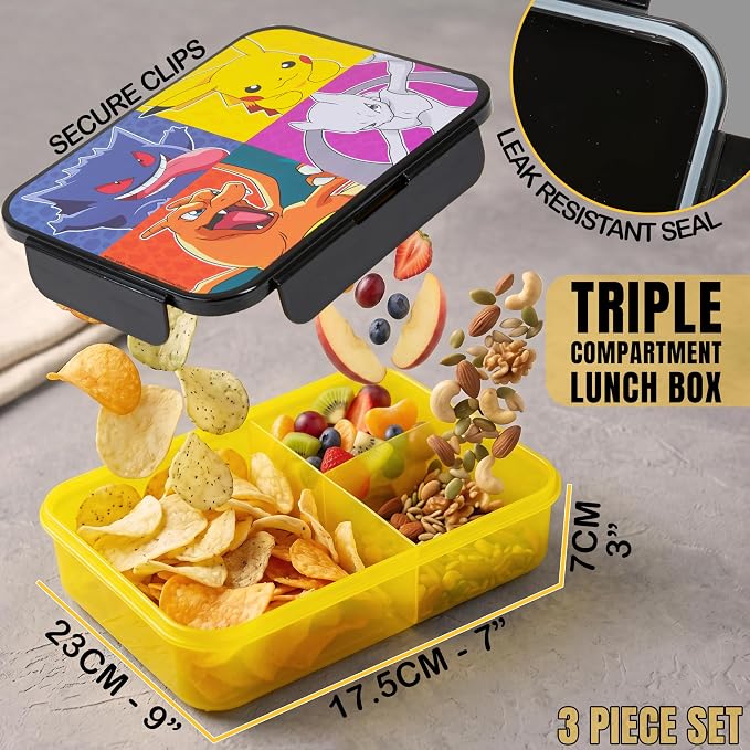Get Trend Pokemon Kids Insulated Lunch Bag 3Pc Set with Bento Box & 20 fl oz BPA-Free Water Bottle with Straw, Lightweight Kids Lunch Box, Pikachu Anime Gifts for Gamers
