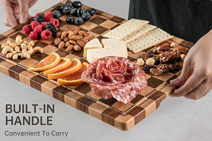 THETCHRY Cutting Boards for Kitchen, Checkered Wood Cutting Board, Walnut Chopping Board with Juice Grooves & Handles, Butcher Block Serving Tray with Gift Box 16" x 11" x 0.8"