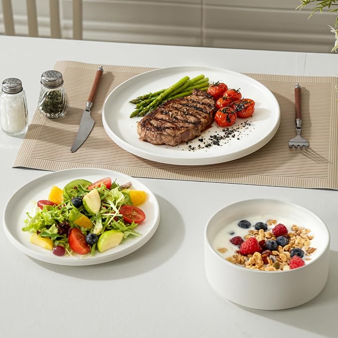 24 Piece Dinnerware Set, Modern Minimalist Stoneware Plates and Bowls Sets, Modern Dinner Plate, Salad Plate, Cereal Bowl, Dish Set for 8, Microwave and Dishwasher Safe, Matte White