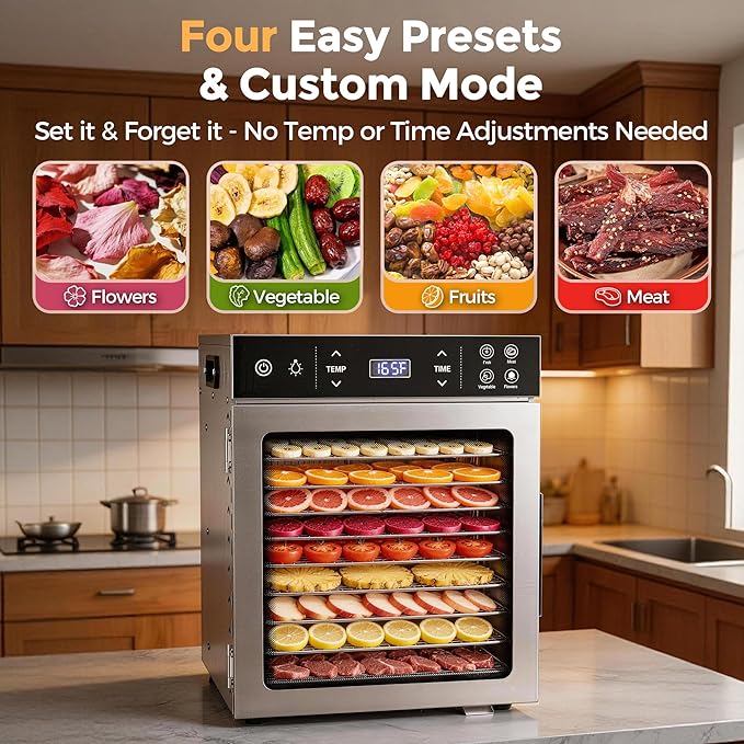 Suteck Food Dehydrator with 10 Stainless Steel Trays, 400W Dehydrator Machine with Dual Fans & 360° Airflow, Digital Temp & Time Control with 4 Presets, Quiet Food Dryer for Jerky, Fruit, Flower, Meat