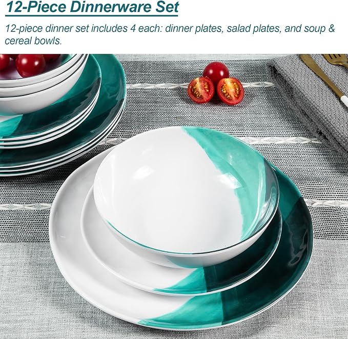 Melamine Plates and Bowls Set - 12pcs Dinnerware Dishes Set for 4, Dinner Plates for Indoor and Outdoor Use, Lightweight Break-resistant, Green & White