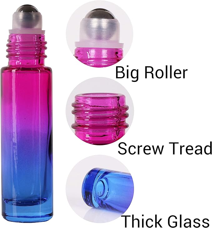 inice 12 Pack,Roller Bottles Gradient Color Glass Bottle for Essential Oils Applicator,10ml Roll on Bottle with Golden Metal Cap for Daily Care