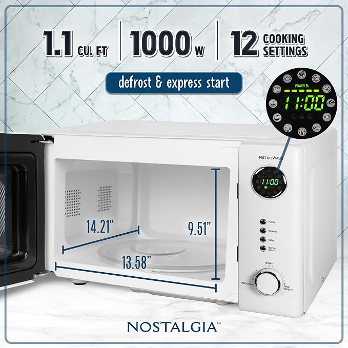 Nostalgia NRMO11WH6A 1000 Watt Power Retro Countertop Microwave Oven Easy to Clean with Removable Glass Turntable-Child Safety Lock-12 Programs-Digital Clock, 1.1 Cu Ft, White