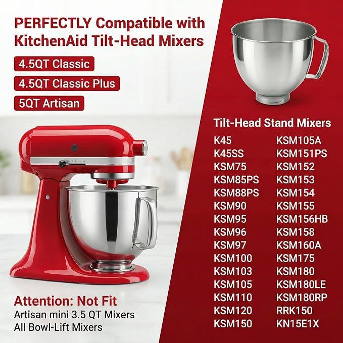 5QT Stainless Steel Mixer Bowl Replacment, Compatible with KitchenAid Tilt-Head Stand Mixers, Artisan&Classic Series 4.5-5QT K45 KSM70 KSM150