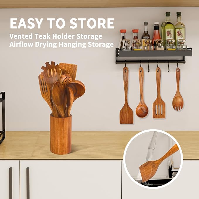 Brosisincorp Natural Teak Wood Spoons for Cooking with Holder 10 Pcs, Comfortable Grip Wooden Kitchen Utensils Set Scratch-Free Smooth Finish for Non-Stick Cookware