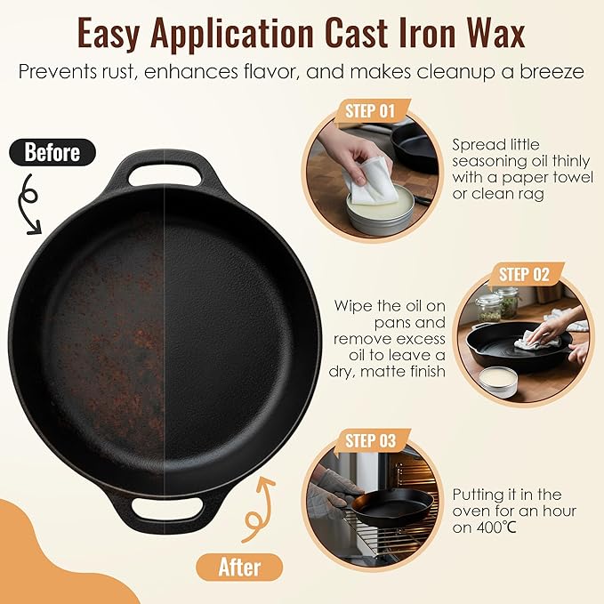 4pcs Cast Iron Cleaner and Care Kit - 6oz Cast Iron Seasoning Wax, Chainmail Cleaning Scrubber, Silicone Pot Handle Holder and Bamboo Dish Brush for Wok, Skillet, Pan, Dutch Oven, Griddle