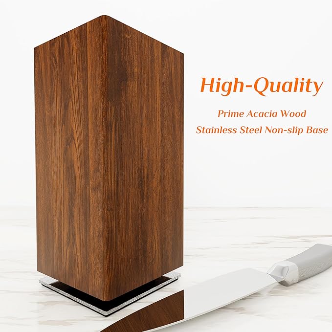 Brosisincorp 360° Rotating Magnetic Knife Block without Knives - Universal Holder for Counter Top with Removable Bristles, Acacia Wood