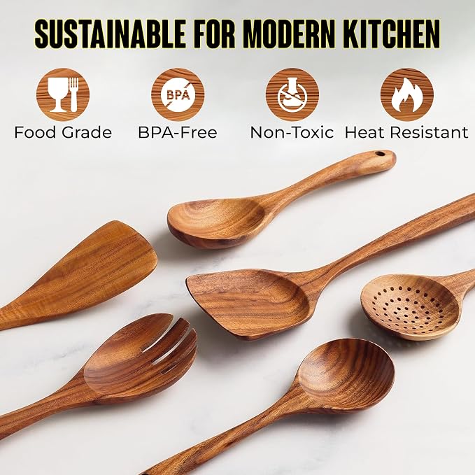 Wooden Spoons for Cooking, 11 PCS Teak Wood Utensil Set with Holder – Heat Resistant, Nonstick Safe, Smooth Finish, Lightweight & Durable Kitchen Tools