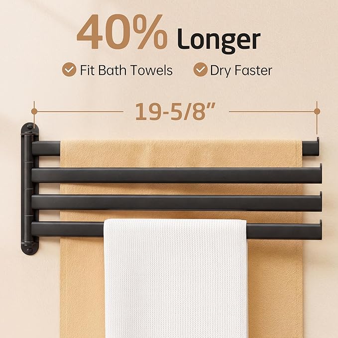 KES Swivel Towel Rack, 19.5" Extra Long Swivel Towel Racks for Bathroom 4-Arm, Swing Out Towel Rack Wall Mounted 18/8 Stainless Steel Matte Black, A2104S4L50-BK
