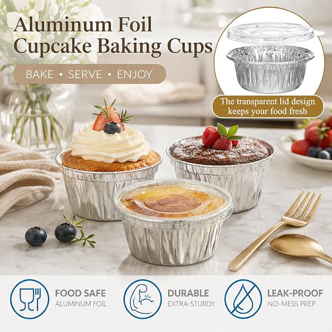 Domensi 100 Pcs 4'' Aluminum Pie Pans with Lids Bulks 5 oz Mini Disposable Pie Tins Round Foil Cup Ramekin Food Containers for Oven Cooking Takeout Storage Meal Prep Creme Brulee Cakes Sauces
