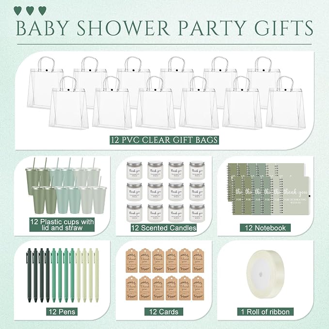 Nuogo 12 Sets New Parent Shower Prizes for Player Winners Adult, Wedding Bridal Shower Gift, Plastic Tumbler Notebook Scented Candle Ballpoint Pen Bag (Gradient Green,Classic Style)