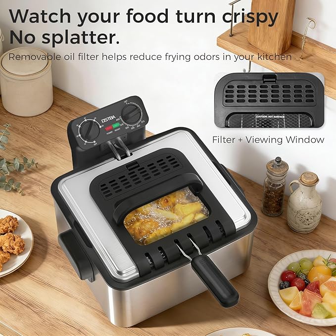OSTBA Electric Deep Fryer with 3 Baskets, 1700W Stainless Steel Oil Fryer, 4.75QT Countertop Fryer with Adjustable Temperature, Viewing Window, Odor Filter & Removable Oil Container