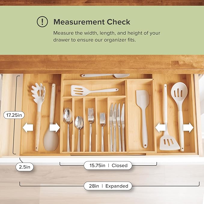 KitchenEdge Premium Silverware, Flatware and Utensil Organizer for Kitchen Drawers, Food-Safe Contract Grade, Expandable from 16 to 28 In, Natural Bamboo