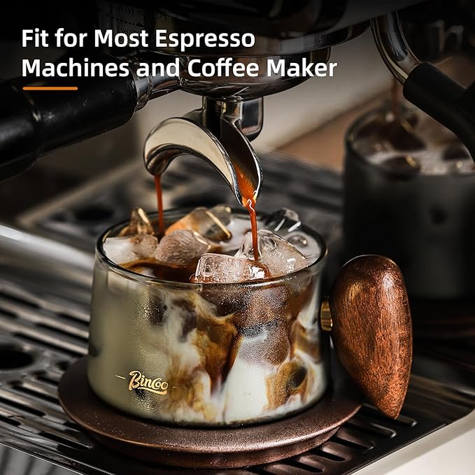 Bincoo Glass Coffee Cups and Saucers Set, 250ML Clear Glass Iced Coffee Mug Espresso Cup Tea Cup with Walnut Handle and Coaster (Gray)