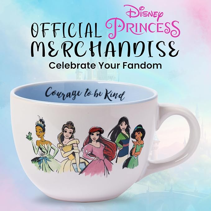 Silver Buffalo Disney Princess Tiana Ceramic Soup Mug, 24oz | Belle, Ariel, Mulan, Jasmine, Aurora, Merida, Cinderella, Moana, Courage to be Kind artwork, Includes large handle