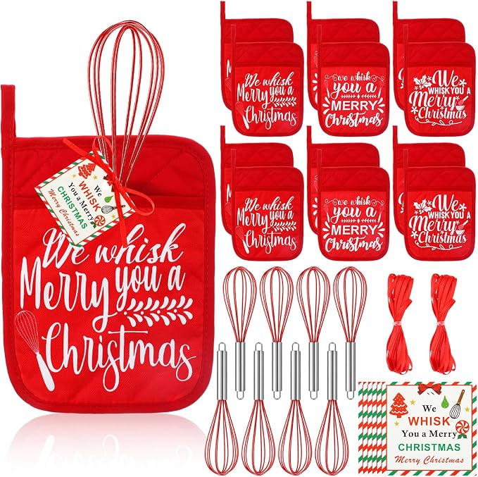 LemonRoad 12 Sets Christmas Whisk Baking Gift Set Xmas Silicone Whisks Oven Mitt Pot Holder Greeting Cards Ribbon Bags for Holiday Kitchen Utensils Cooking Supplies Neighbor Gift(Classic,Red)