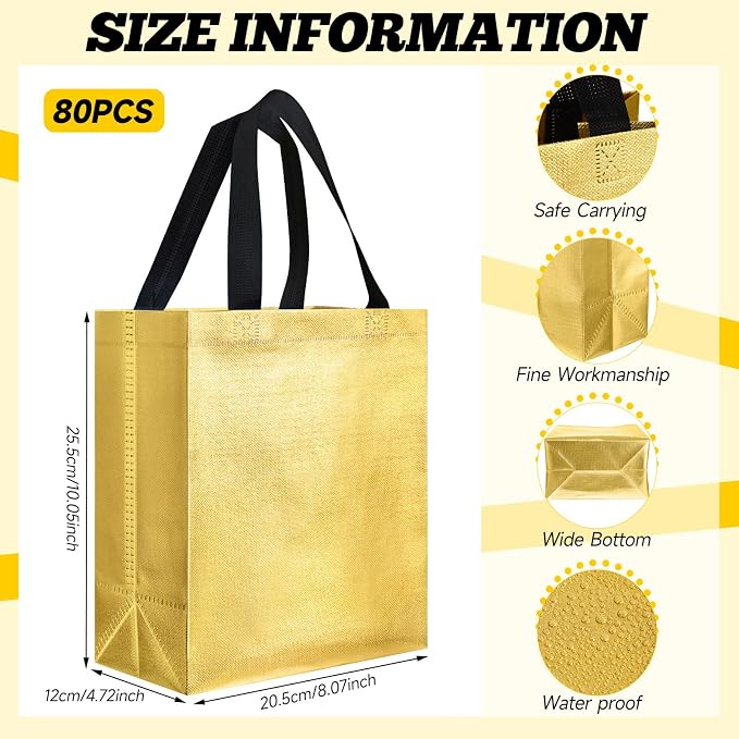 Eccliy Reusable Gift Bags Set Glossy Grocery Gift Tote Bag with Handle for Wedding, Bridal Shower, 4th of July, Summer Event(10 x 8 x 4.7 Inch,Gold with Black Handles,80 Pcs)