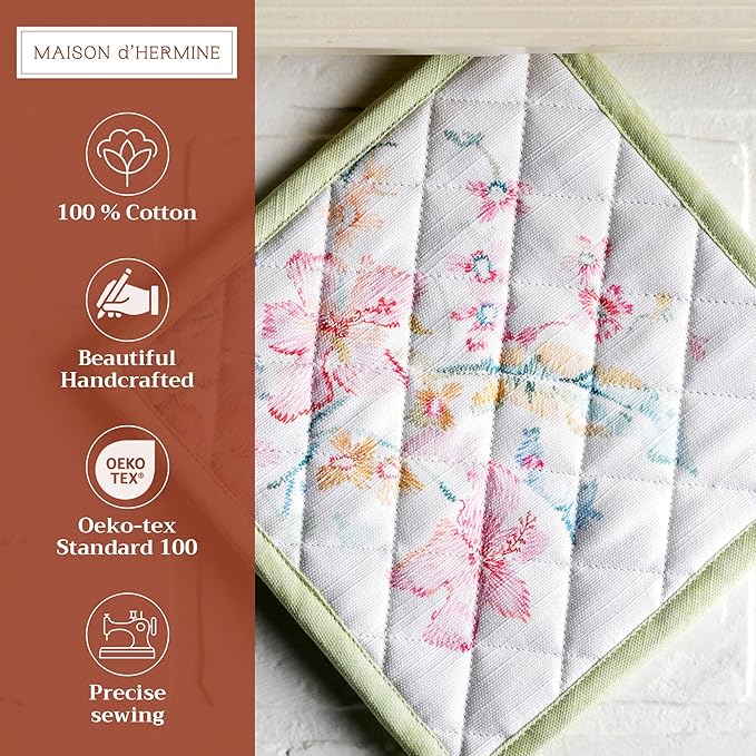 Maison d' Hermine Pot Holders 100% Cotton Heat Resistant Potholders 8" x 8" Hot Pads with Loop BBQ Cooking Baking Gifts for Mothers Day Handling Hot Pans Spring/Summer(Pack of 2, Paradise Island)