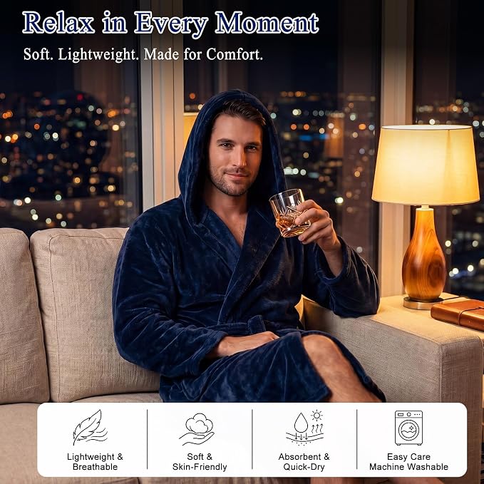 Nuogo 15 Pcs Birthday Gifts for Men Beard Care Set for Him Dad Birthday Gifts Basket Ideas Kit for Men Tumbler Bath Robe for Father's Day Dad Husband Boyfriend Box(Hooded,Navy)