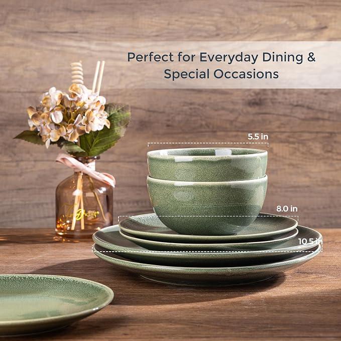 AmorArc Ceramic Dinnerware Sets for 6, 18 Pieces Handpainted Plates and Bowls Set, Scratch Resistant Stoneware Dishes Set, Dishwasher & Microwave Safe, Jade Green
