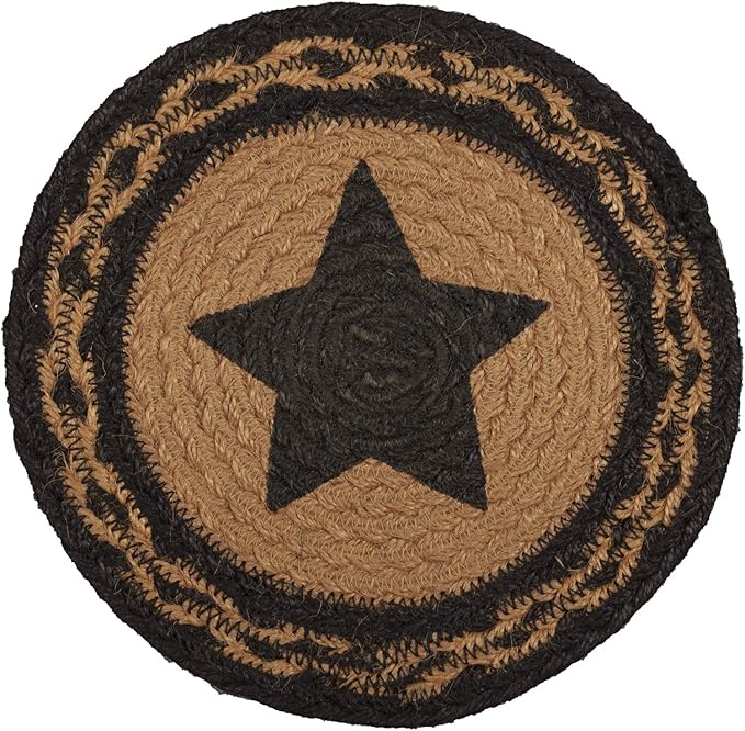 VHC Brands Farmhouse Primitive Star Black Stenciled Textured Round Kitchen Table Jute Trivet 8