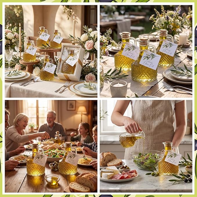 Vesici 20 Set 14 oz Olive Oil Bottle with Stopper Mini Glass Oil Cruet Dispenser with Label Vinegar Bottle with Spout for Kitchen Salad Dressing Syrup Container for Wedding Baby Shower Favors