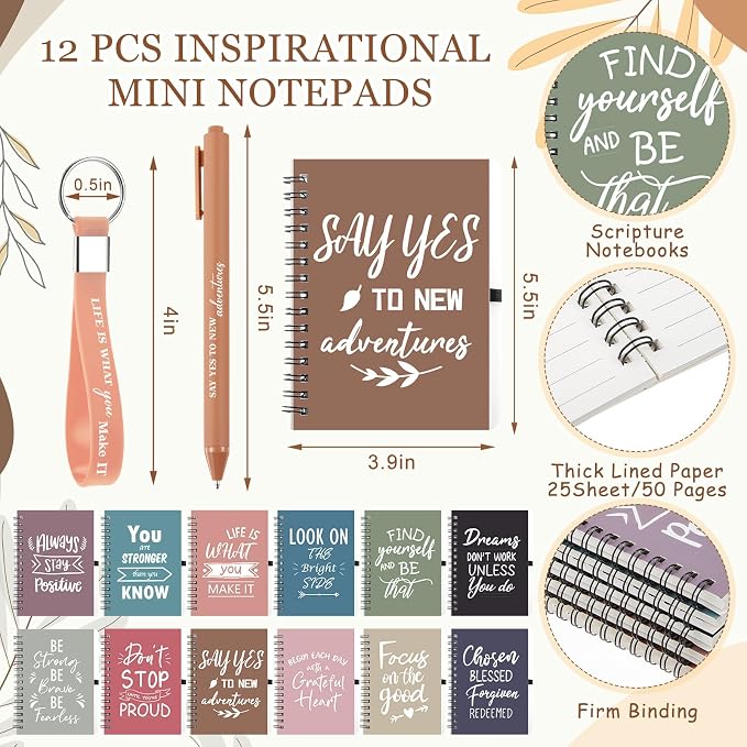 Skylety 12 Sets/48 Pcs Employee Appreciation Gift Baskets Bulk 16oz Inspirational Coffee Cup with Spiral Notebook, Pen & Keychain, Thank You Gifts for Staff, Teacher,Coworker, Team (Morandi Color)