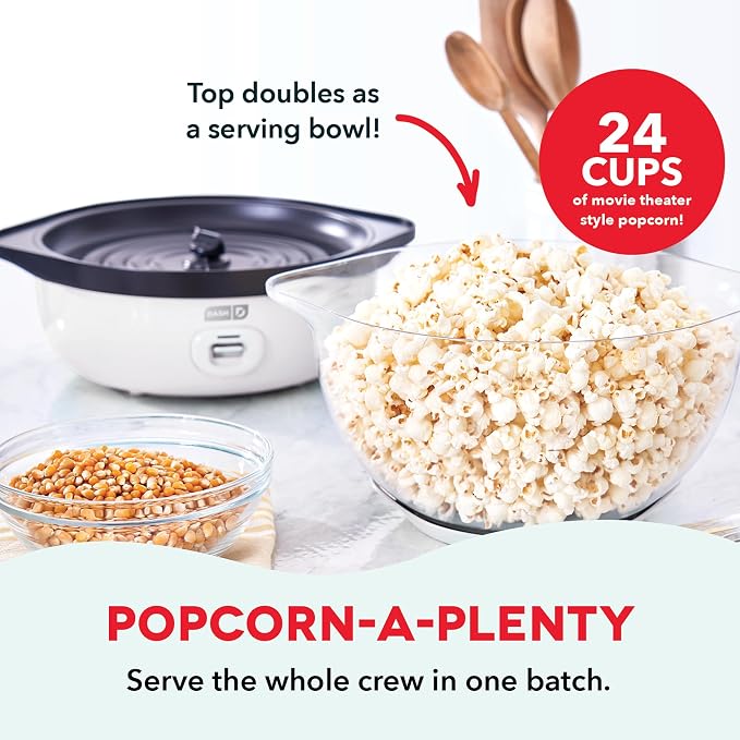 Dash SmartStore® Stirring Popcorn Maker - Electric Popcorn Machine with Butter-Melting Tray & Clear Serving Bowl - Features Stirring Bar - 24 Cups, White