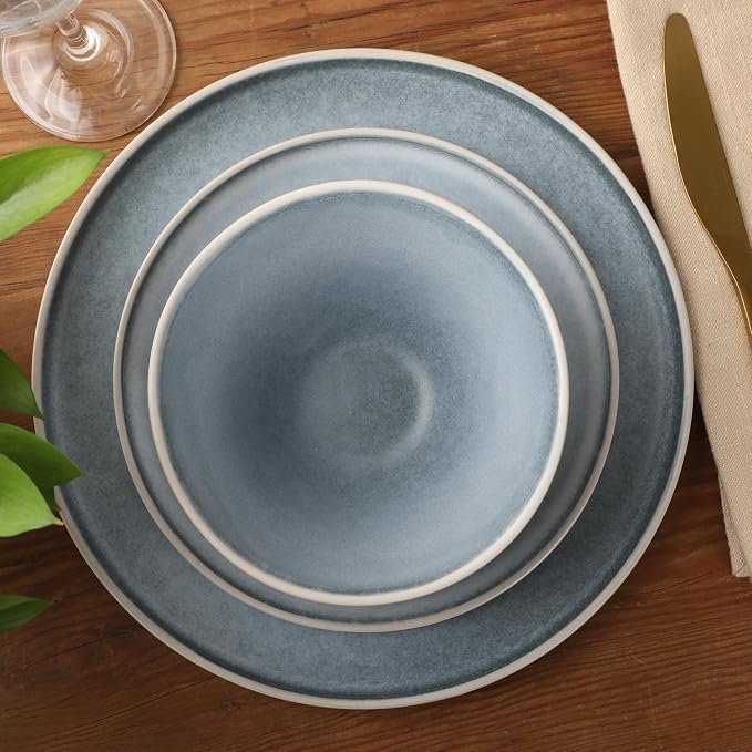 Gibson Elite Coastal Forest Plates and Bowls Sets, 12-Piece Stoneware Dinnerware Sets, Triple Reactive Glaze Dish Set - Blue and Cream White