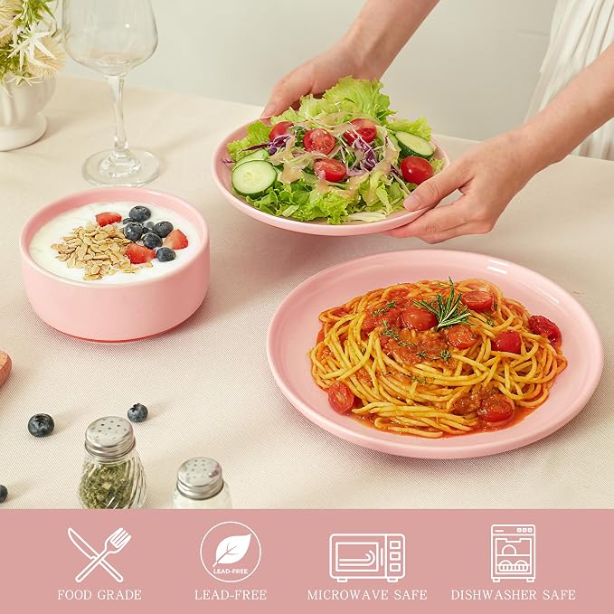 12 Piece Dinnerware Set, Dual Glaze Stoneware Plates and Bowls Sets, Modern Dinner Plate, Salad Plate, Cereal Bowl, Dish Set for 4, Microwave and Dishwasher Safe, Pink
