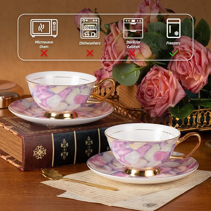 KAMMAK Tea Cups and Saucers Set of 2, Porcelain Coffee Cups, Stackable Espresso Mugs, Ceramic Demitasse for Coffee, Cappuccino, Latte, Americano, Tea, Pebble