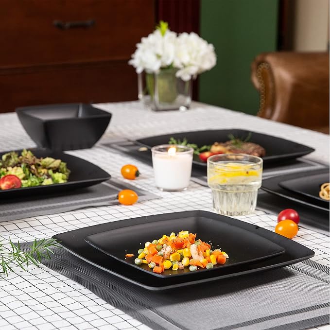 Melamine 12pcs Classic Square Dinnerware Set, Concise Plates and Bowls Set, Service for 4, Dishwasher Safe Black