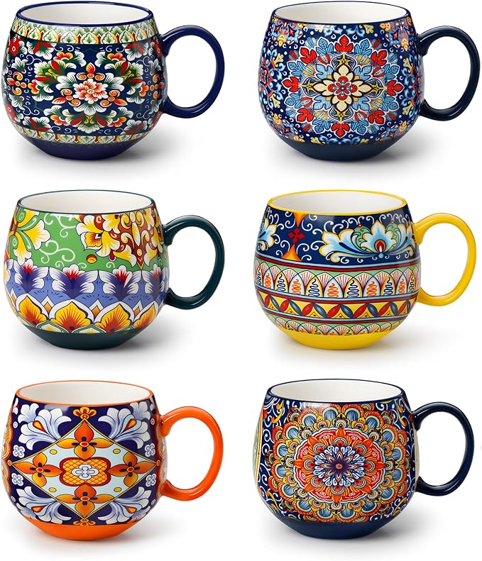 vancasso Coffee Mugs Set of 6, Coffee Cups Ceramic 18oz, Porcelain Coffee Mugs for Cappuccino, Latte, Espresso, Colorful Coffee Mugs with Handle, Rounded Boho Mugs, Microwave & Dishwasher Safe