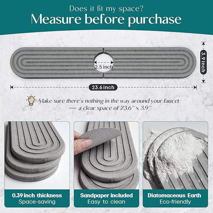 eormoe Kitchen Faucet Mat - Diatomite Splash Guard for Sink, Quick-Drying Water Absorbing Stone Tray [Grey, 23.6" x 3.9"], Includes Sandpaper