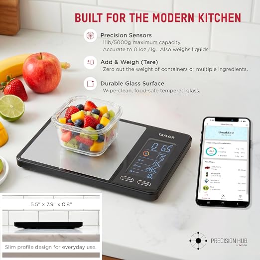 Taylor 5340117 Smart Food Scale with Precision Hub App, Digital Kitchen Scale for Macro Tracking and Calorie Logging, 11 lb Capacity, Measures Grams, Ounces & Liquids, Batteries Included