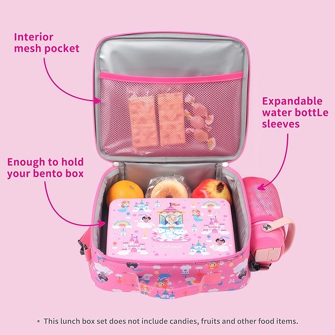 rockpapa Kids Lunch Box Set with 14oz Insulated Water Bottle & Lunch Bag, Leakproof 5.5 Cups Bento Box for School & Children, BPA-Free, Microwave Safe for Boys Girls (Pink Fairies)