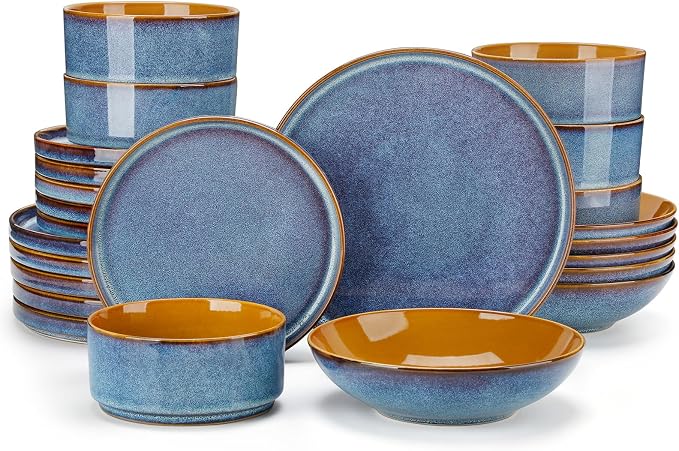 ONION Ceramic Plates and Bowls Sets for 6, 24 Pieces Stoneware Dinnerware Sets for Kitchen, Reactive Glaze Dish Set, Dishwasher and Microwave Safe, Blue