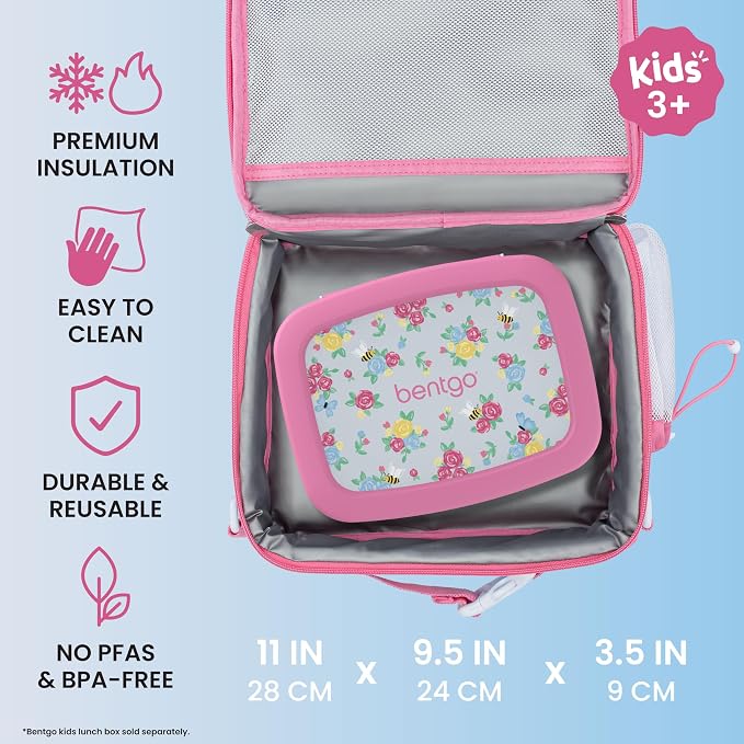 Bentgo Kids Prints Lunch Bag - Double-Insulated, Reusable, for Kids 3+, Adjustable Strap; Holds Lunch Box/Water Bottle/Snacks; Easy-Clean, Water-Resistant, Pockets (NEW Blooming Floral)