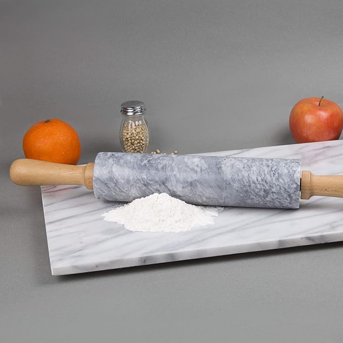 Creative Home Natural Marble Rolling Pin with Wooden Handles and Cradle, 18-Inch rolling pins for baking, Heavy Cool Surface, Dough Roller for Pastry, Pie, Pizza, Cookies, Off white